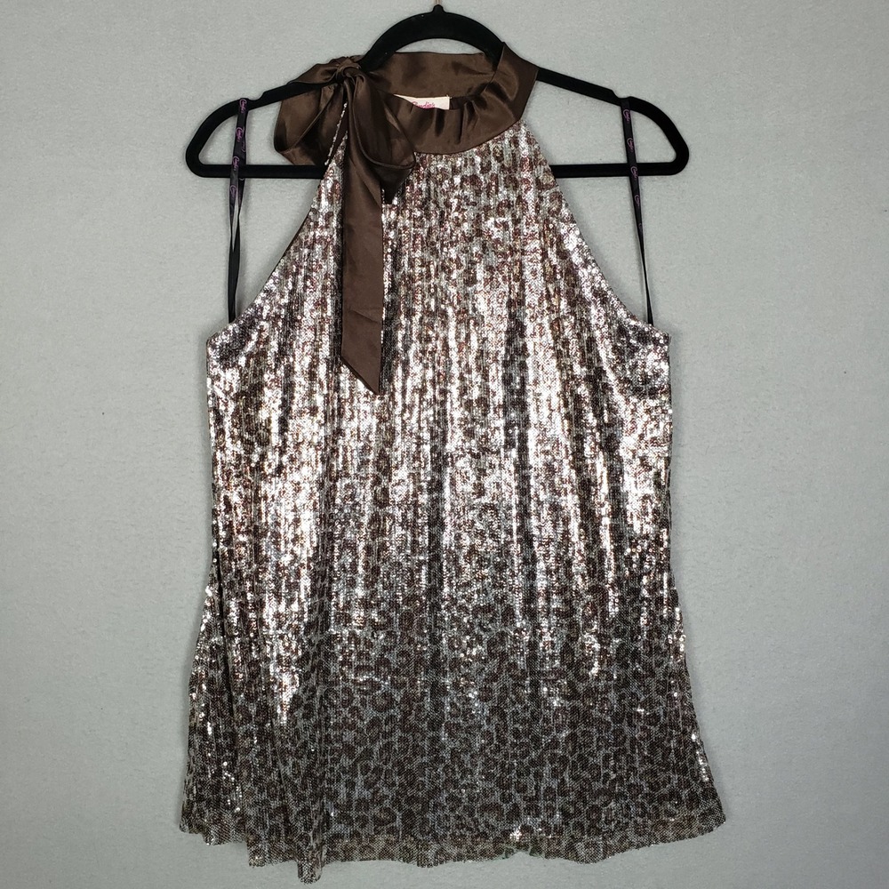 Candie's Size L High Neck Sequin Tank Brown Cheetah Sequin Cocktail Sparkle Glam